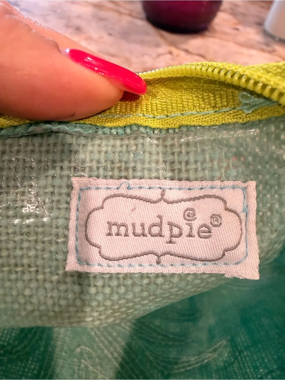 Mud Pie Aqua and Lime Zip Pouch with Pink Accent